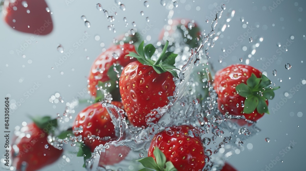 red strawberries suspended in mid-air, droplets of water clinging to their surfaces, against a clean grey background. red strawberries suspended in mid-air, droplets of water clinging to their surfaces, against a clean grey background.