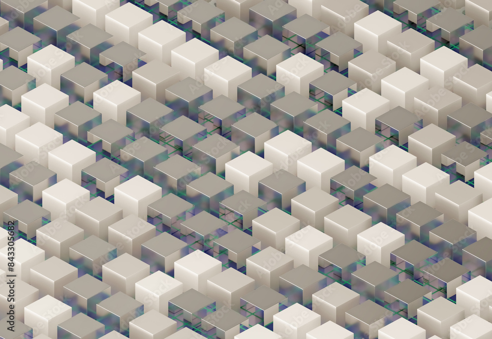 Fototapeta premium Abstract background of grey and blue metallic 3D cubes in a grid