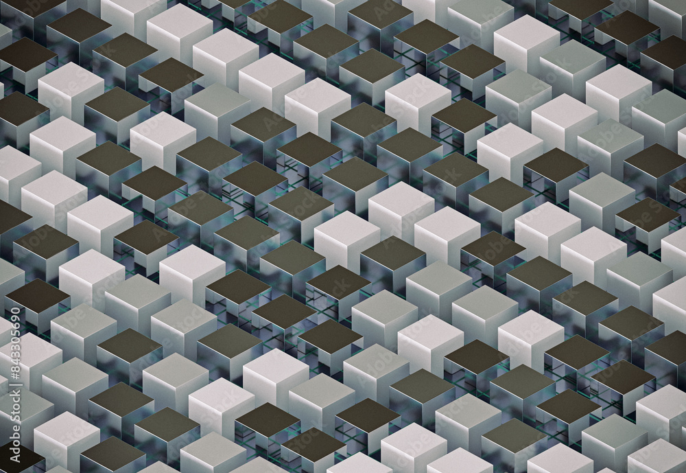 Obraz premium Abstract background of colorful metallic 3D cubes in a grid pattern