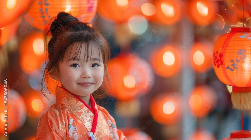 A young Asian girl, dressed in a red traditional outfit, surrounded by bright orange lanterns. A young Asian girl, dressed in a red traditional outfit, surrounded by bright orange lanterns.