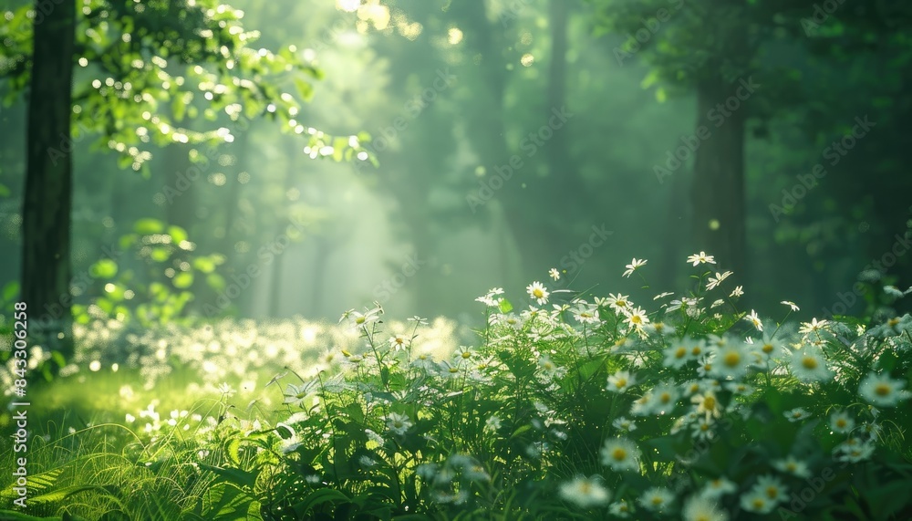 Natural dorest of woods with sunbeams through fog and leaves branch create mystic atmosphere. sunny morning in green forest Natural dorest of woods with sunbeams through fog and leaves branch create mystic atmosphere. sunny morning in green forest