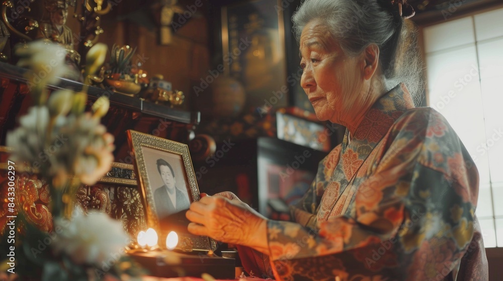Elderly Asian woman in traditional kimono looks at a family portrait during a memorial service. woman placing a photograph on an Obon altar Elderly Asian woman in traditional kimono looks at a family portrait during a memorial service. woman placing a photograph on an Obon altar