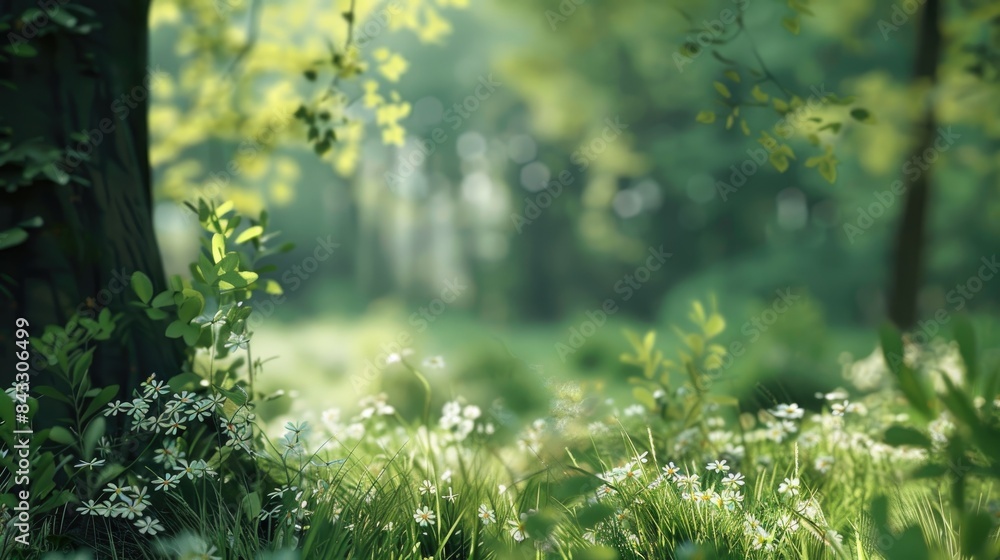 Natural dorest of woods with sunbeams through fog and leaves branch create mystic atmosphere. sunny morning in green forest Natural dorest of woods with sunbeams through fog and leaves branch create mystic atmosphere. sunny morning in green forest
