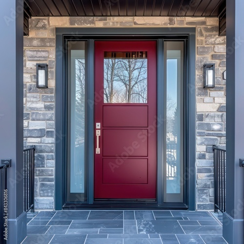 Modern Vibrant Maroon Front Entrance Door with Horizontal Glass Panel, Frosted Sidelites, Sleek Silver Metal Exterior, Sunny Day © Muhammad