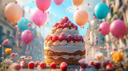a joyful birthday party with colorful balloons and a delicious cake