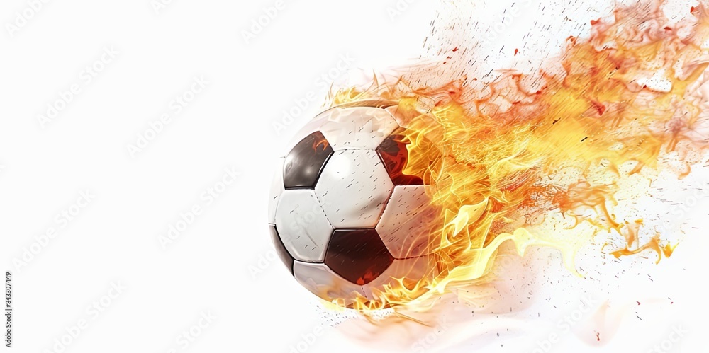 Fototapeta premium Fiery Soccer Ball Frozen in Mid-Air: A High-Resolution, White Background