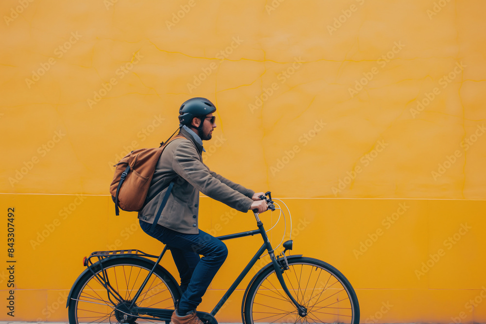 Naklejka premium Man in a helmet riding a bicycle in front of a yellow wall