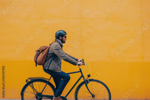 Man in a helmet riding a bicycle in front of a yellow wall photo