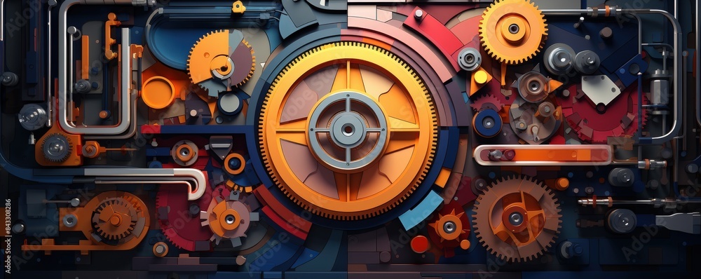 Close-up of detailed mechanical gears and components in vibrant colors, showcasing engineering, technology, and intricate design.