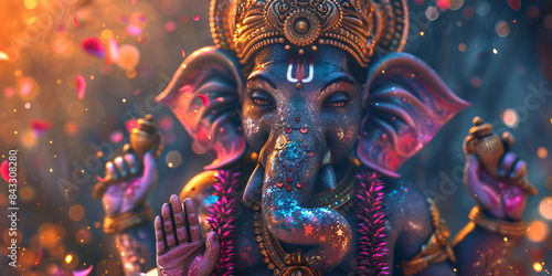 animated depiction of Lord Ganesha, a Hindu deity, surrounded by a colorful and vibrant background. © Saim