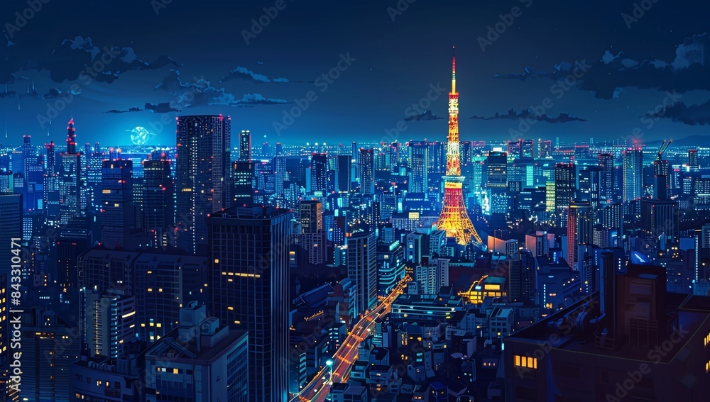 Obraz premium Tokyo’s Nightscape Majesty: Panoramic View with Tokyo Tower Illuminating the Blue-Hued Sky