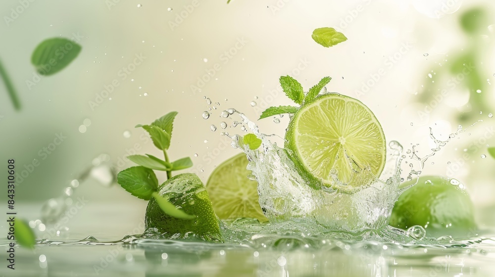 A still life arrangement featuring a fresh lime slice, a splash of lime juice, and mint leaves, all set against a soft, neutral background. A still life arrangement featuring a fresh lime slice, a splash of lime juice, and mint leaves, all set against a soft, neutral background.