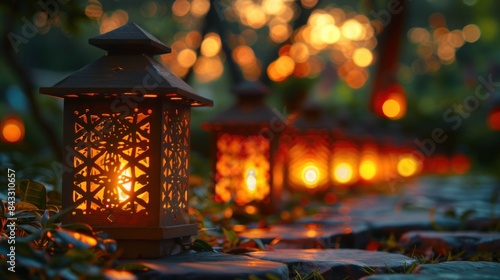 Traditional Japanese metal lanterns on a stone path, glowing warmly in a dimly lit garden during Obon © evgenia_lo
