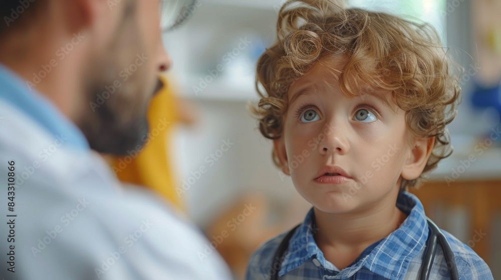 A young Caucasian boy looks up curiously at a doctor during a medical consultation, focus on child's expression. A young Caucasian boy looks up curiously at a doctor during a medical consultation, focus on child's expression.