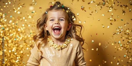 happy birthday child girl with confetti on color background photo