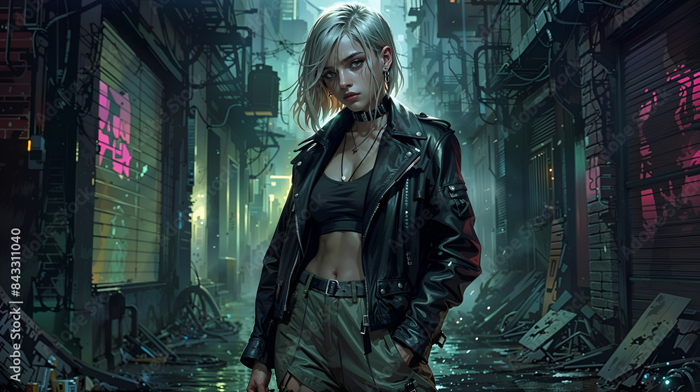 In a dimly lit alley, a figure stands in a haze of smoke and neon lights In a dimly lit alley, a figure stands in a haze of smoke and neon lights