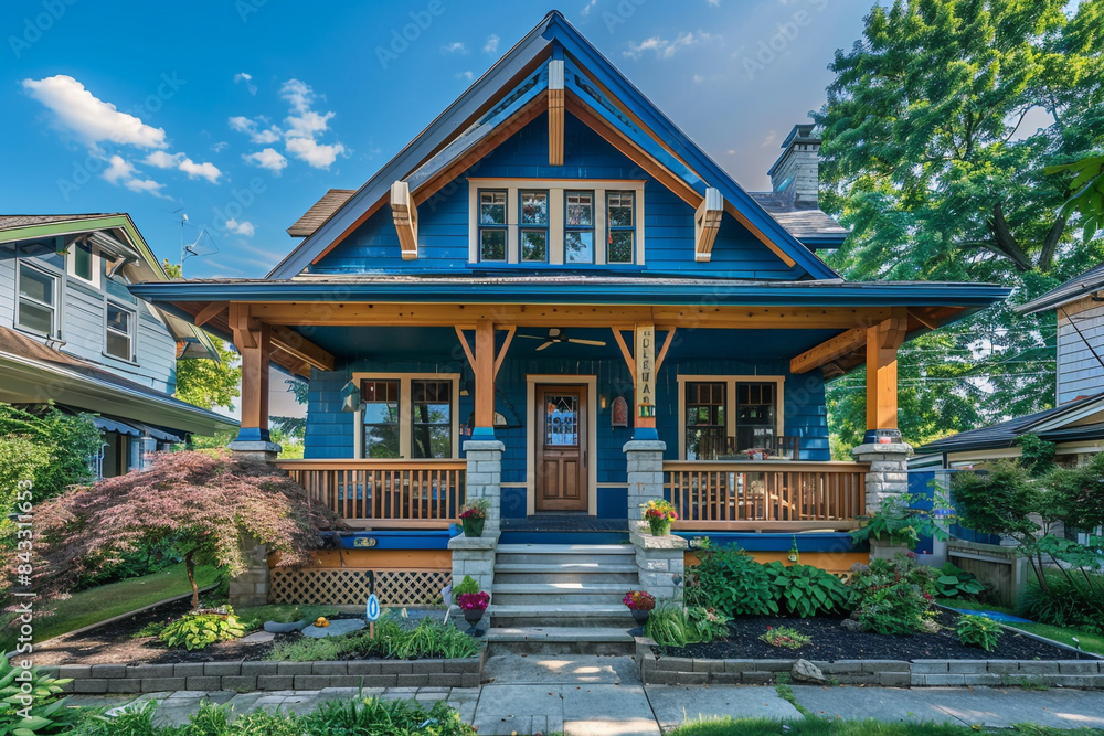 Azure blue craftsman house with detailed woodwork and a charming front porch, in a historic suburb. Azure blue craftsman house with detailed woodwork and a charming front porch, in a historic suburb.
