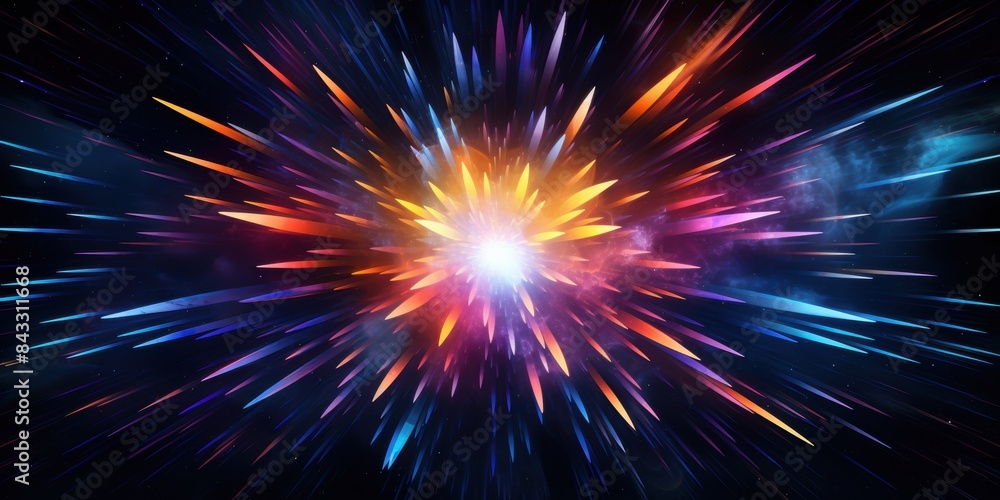 Vivid explosion of colorful light rays in a dark space, representing energy, motion, and vibrant creativity in a dynamic universe. Vivid explosion of colorful light rays in a dark space, representing energy, motion, and vibrant creativity in a dynamic universe.