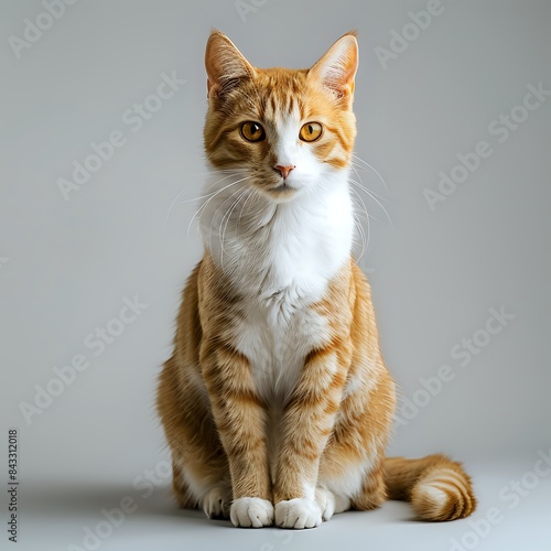 Adorable Ginger Cat Sitting on Gray Background