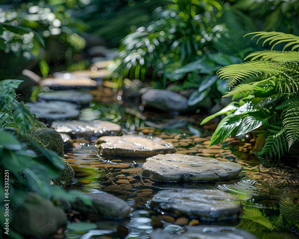 Serene garden stream with stepping stones surrounded by lush green plants, creating a tranquil natural setting. Serene garden stream with stepping stones surrounded by lush green plants, creating a tranquil natural setting.
