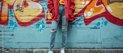 A fashionable person leaning against a stylish graffiticovered wall in the city, sporting a cuttingedge street style look photo