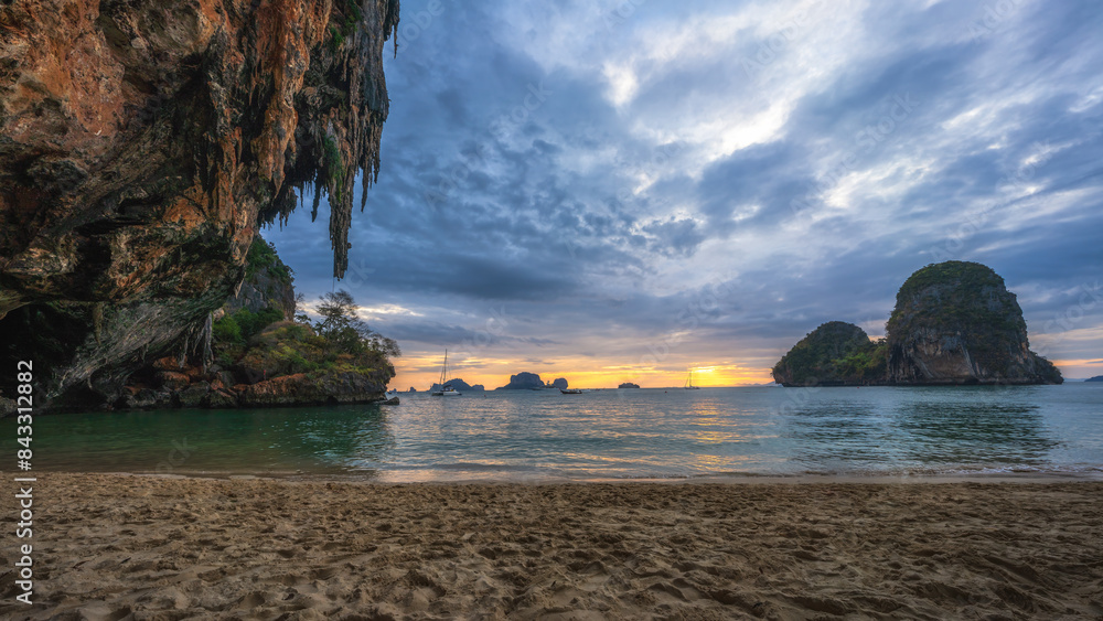 sunset from railay beach, princess cave in krabi in thailand