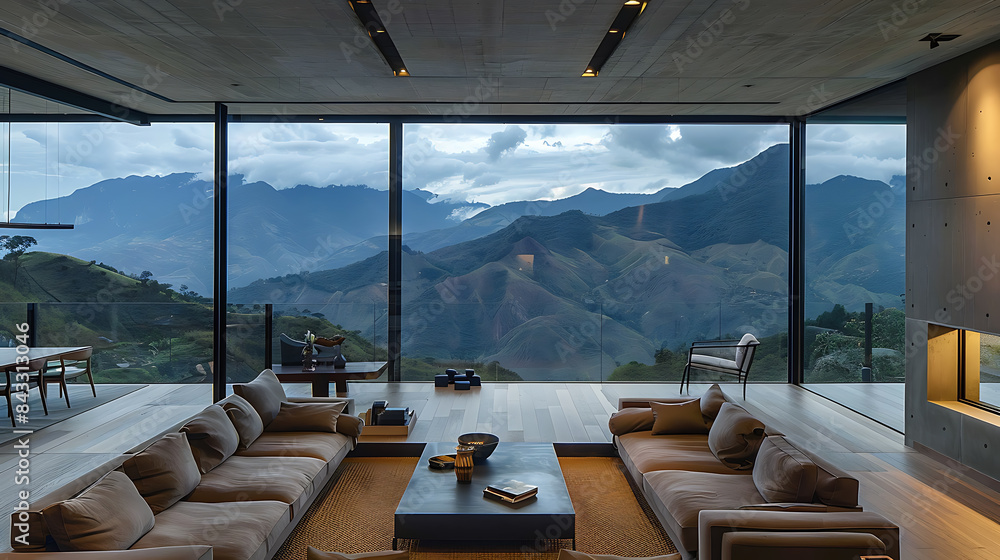 Fototapeta premium Mountain View Room, wallpaper, a comfortable room with a beautiful view.