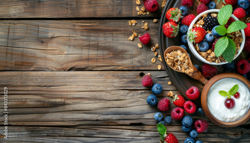 A wooden table with a bowl of yogurt and a bowl of fruit