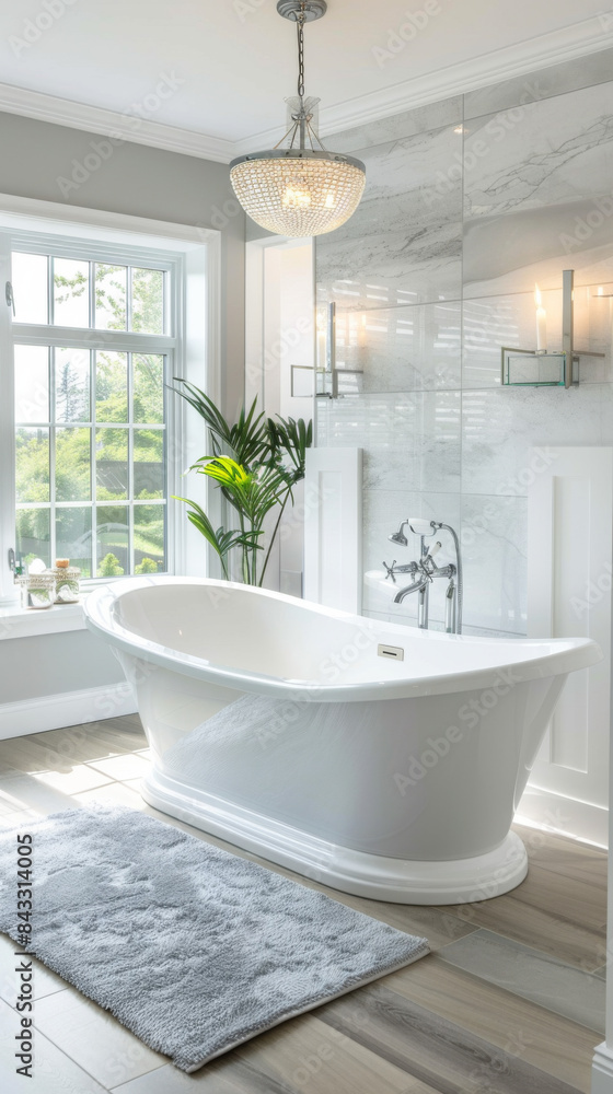 A bathroom with a white bathtub and a plant next to it A bathroom with a white bathtub and a plant next to it