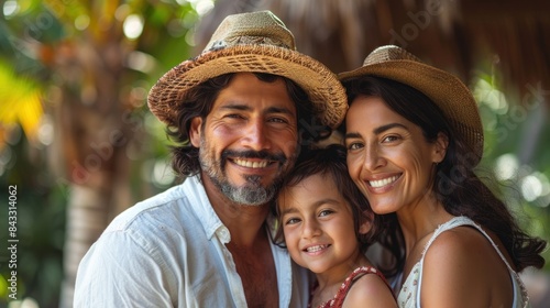 A Latin American family with a young daughter smiling joyfully, surrounded by lush greenery in a tropical setting.