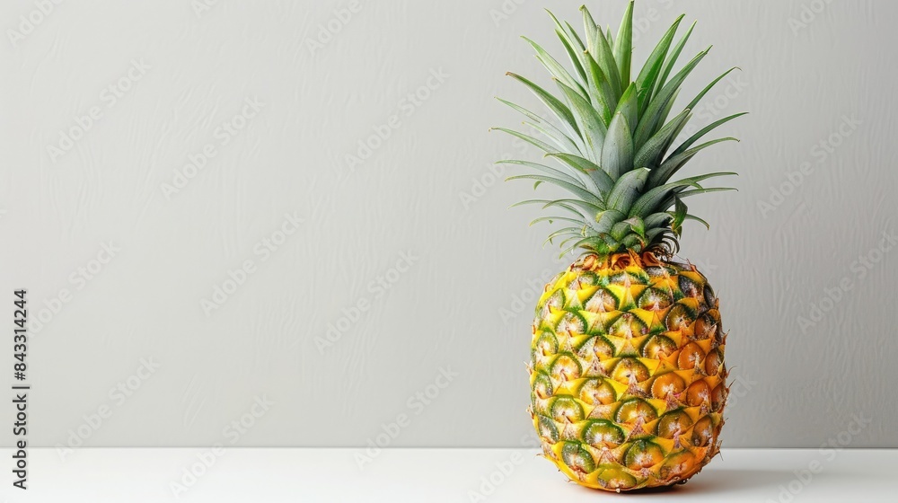 Fresh ripe pineapple standing on white surface against neutral background, perfect for summer themes and healthy eating concepts. Fresh ripe pineapple standing on white surface against neutral background, perfect for summer themes and healthy eating concepts.