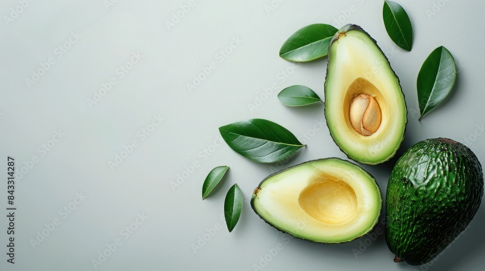 Top view of cut and whole avocadoes with green leaves on a light gray background, showcasing fresh healthy food and natural ingredients. Top view of cut and whole avocadoes with green leaves on a light gray background, showcasing fresh healthy food and natural ingredients.