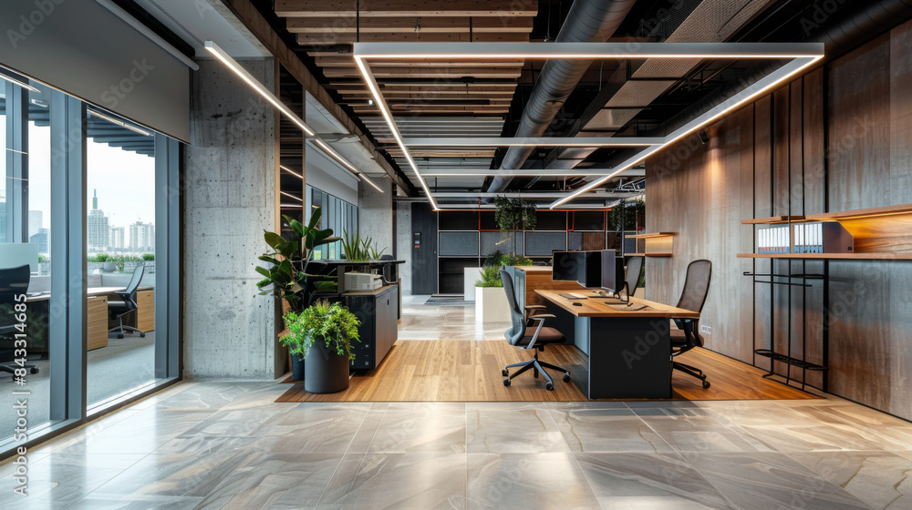 A large open office space with a wood paneled wall and a large window A large open office space with a wood paneled wall and a large window