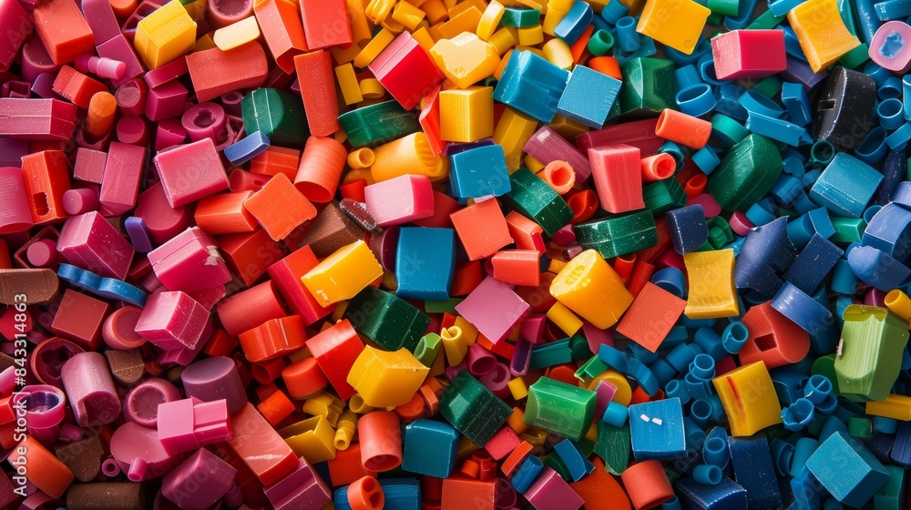 A vibrant illustration of colorful recycled plastic pellets being molded into various shapes and products, highlighting the versatility and potential of recycled materials. A vibrant illustration of colorful recycled plastic pellets being molded into various shapes and products, highlighting the versatility and potential of recycled materials.