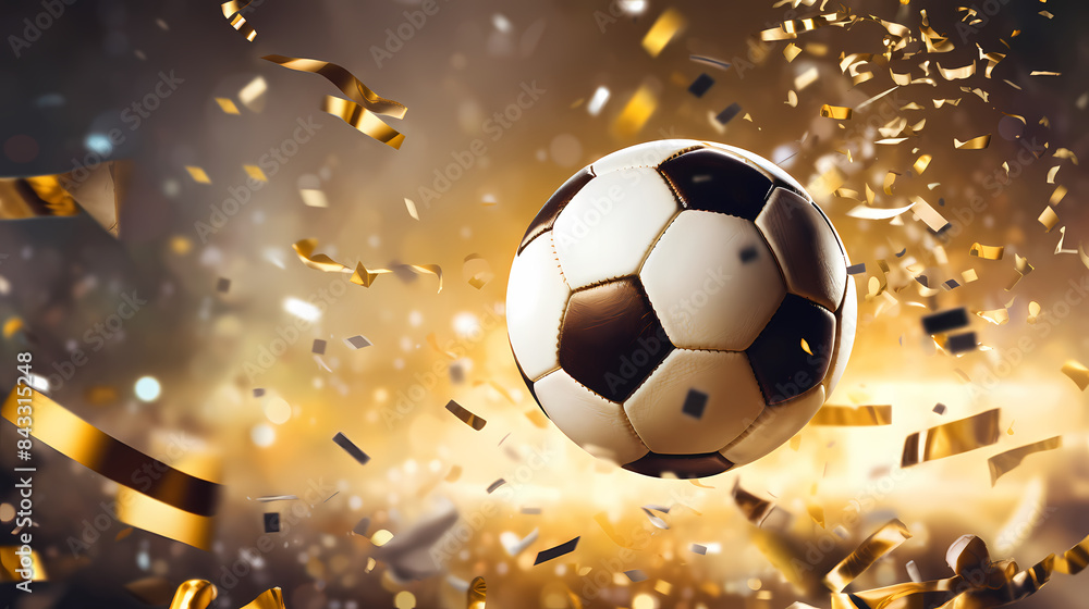 Soccer ball flying on background with confetti