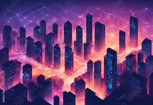 Glowing lines and technology illuminate the city; depicting smart city design, big data connection, and AI modern buildings.