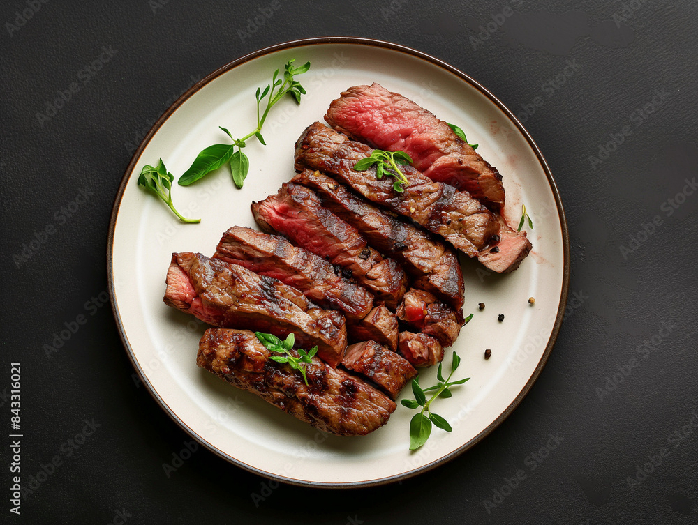 Beef steak served in plate on black background. Grilled steak, medium rare. Beef steak served in plate on black background. Grilled steak, medium rare.