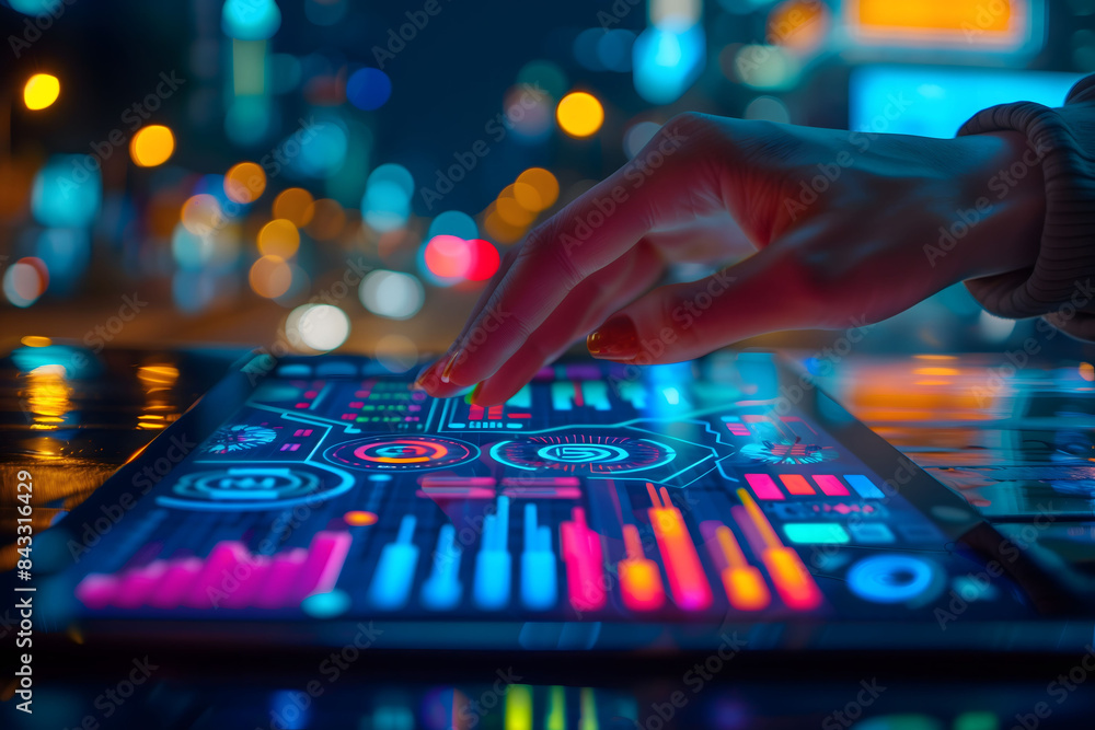 A hand touching a digital interface with futuristic graphics and vibrant colors. The image represents technology, innovation, and human interaction with advanced digital systems. A hand touching a digital interface with futuristic graphics and vibrant colors. The image represents technology, innovation, and human interaction with advanced digital systems.