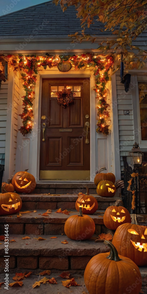 Obraz premium A photorealistic image of a front porch decorated with pumpkins for Halloween. The pumpkins are carved with various spooky faces, and the warm lighting creates a cozy, festive atmosphere generative ai