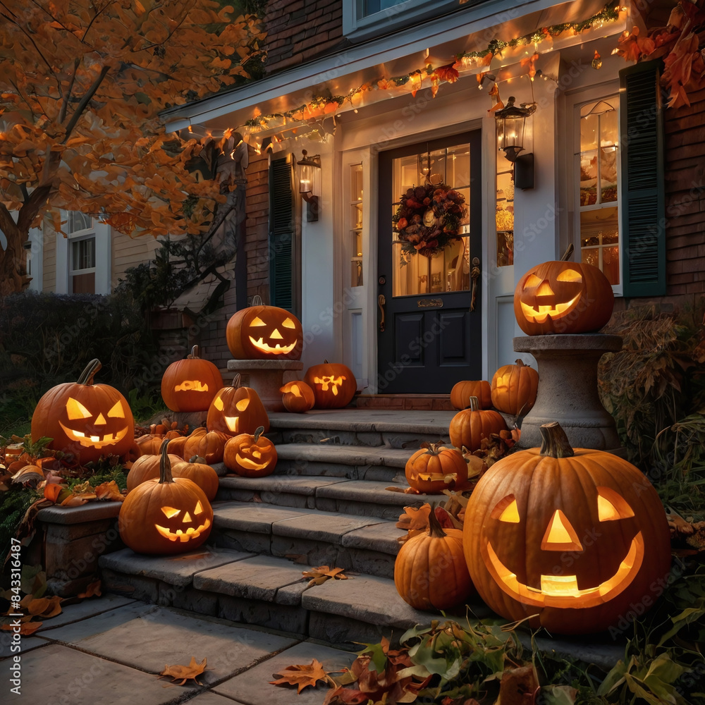 Fototapeta premium A photorealistic image of a front porch decorated with pumpkins for Halloween. The pumpkins are carved with various spooky faces, and the warm lighting creates a cozy, festive atmosphere generative ai
