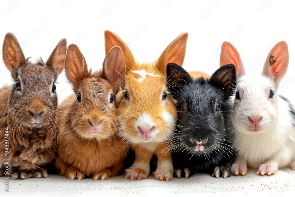 A group of six colorful rabbits lined up in a row. Adorable, fluffy pets with different fur colors, ears perked up, close-up image.