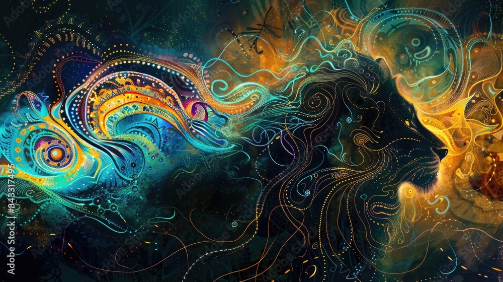 Obraz premium Silhouette of a lion combined with swirling, surreal patterns and luminous colors, creating a visually striking abstract composition