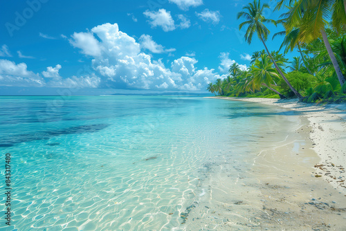 青い海と白い砂浜、太陽の光が降り注ぐ美しい熱帯のビーチ