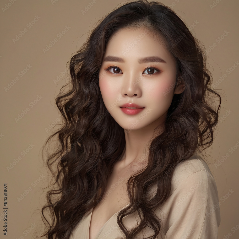 A stunningly exquisite Asian woman with natural curly hair and a graceful expression. The close-up portrait highlights her elegance and beauty. A stunningly exquisite Asian woman with natural curly hair and a graceful expression. The close-up portrait highlights her elegance and beauty.