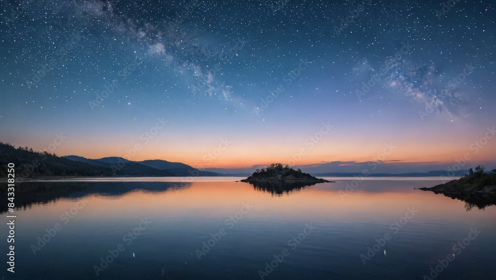 Serene Night Sky Over Still Lake with Island Serene Night Sky Over Still Lake with Island