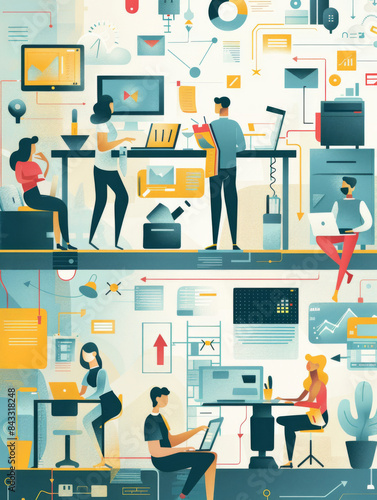 A drawing of a busy office with people working at their desks
