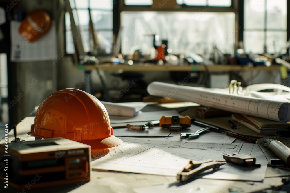 An architect's desk featuring a safety helmet, blueprints, and drafting tools An architect's desk featuring a safety helmet, blueprints, and drafting tools