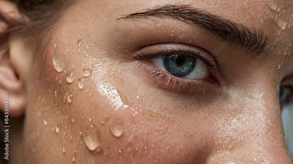 A close-up image capturing the detail of a tear running down the skin, highlighting the natural texture and emotion reflected in the eye generative ai A close-up image capturing the detail of a tear running down the skin, highlighting the natural texture and emotion reflected in the eye generative ai
