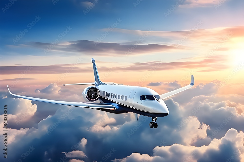 Luxury design private jet flying over the clouds in the sky on a clear day. Travel background and wide aerial banner.
