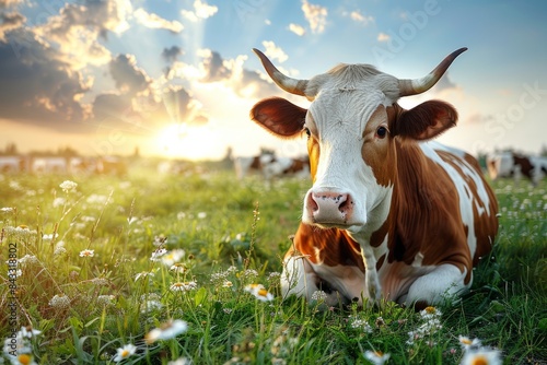 Peaceful cow resting on a lush green meadow with a beautiful sunset sky. Ideal for nature  farming  and agriculture themes.
